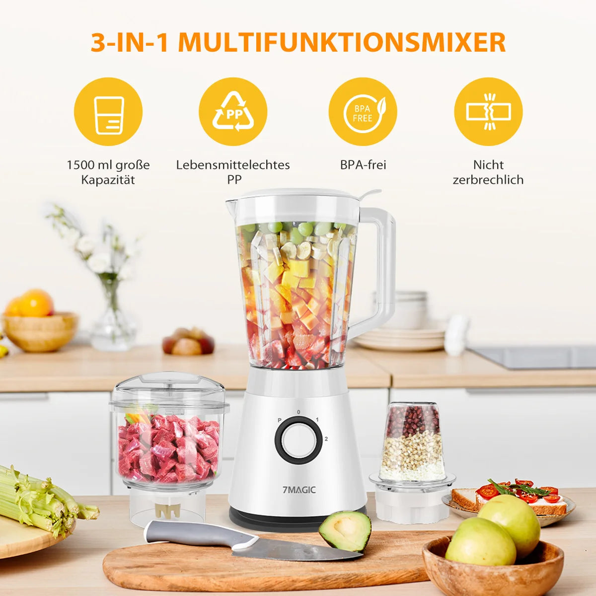 1500ML Large Capacity Blender, 3-in-1 Food Processor, Meat Grinder Chopper, Juice for Home Kitchen and Vegetables, Healthy Juice