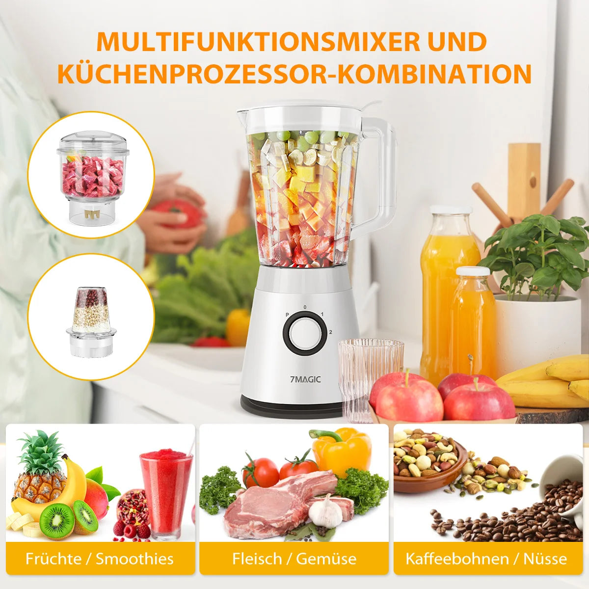1500ML Large Capacity Blender, 3-in-1 Food Processor, Meat Grinder Chopper, Juice for Home Kitchen and Vegetables, Healthy Juice